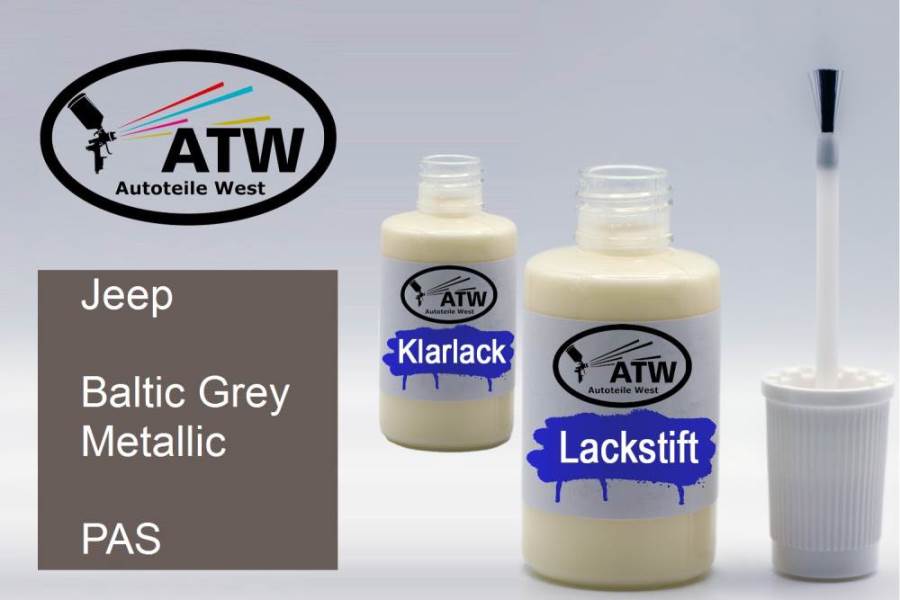 Jeep, Baltic Grey Metallic, PAS: 20ml Lackstift + 20ml Klarlack - Set, von ATW Autoteile West.